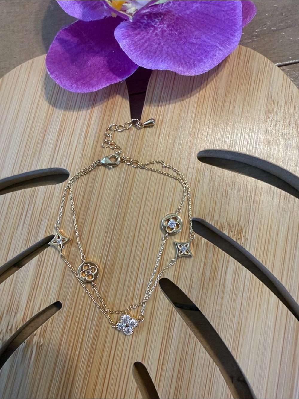 Gold-Tone Floral Charm Double Chain Bracelet - Elegant Women Jewelry